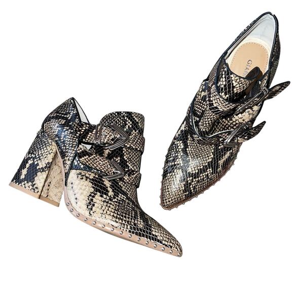 Snakeskin Boots Block Heel Buckle Studs Point Toe - Picture 4 of 9